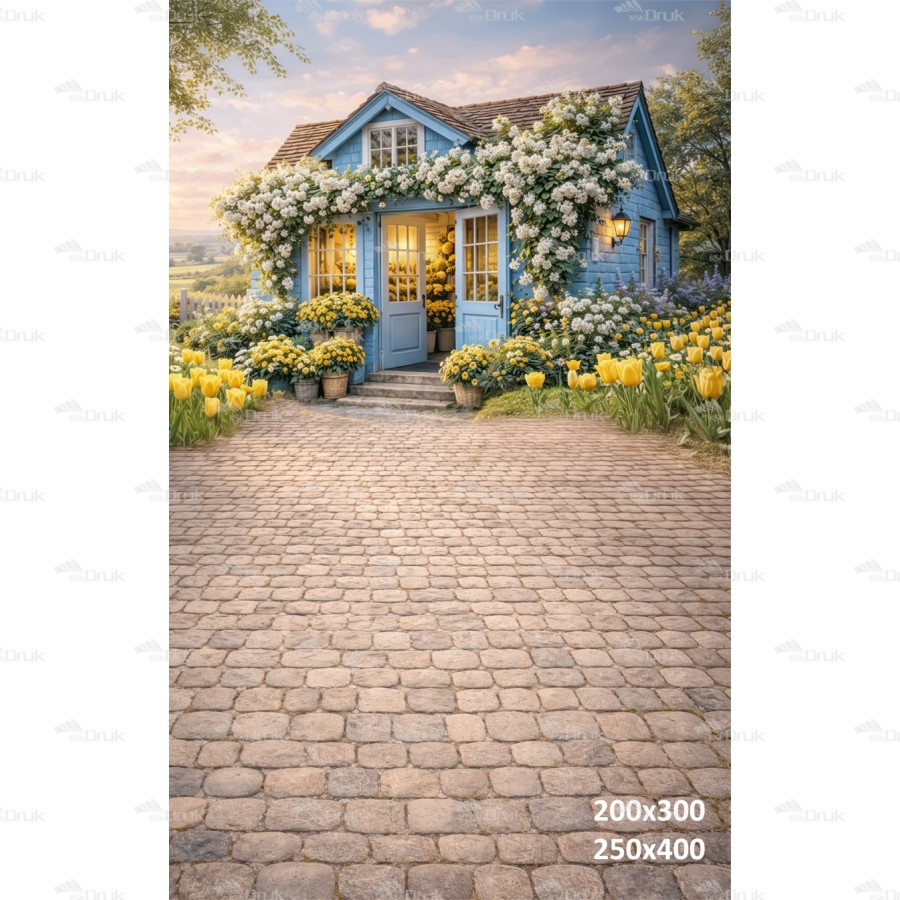 Tło fotograficzne „Niebieski domek wśród żółtych tulipanów” | E852